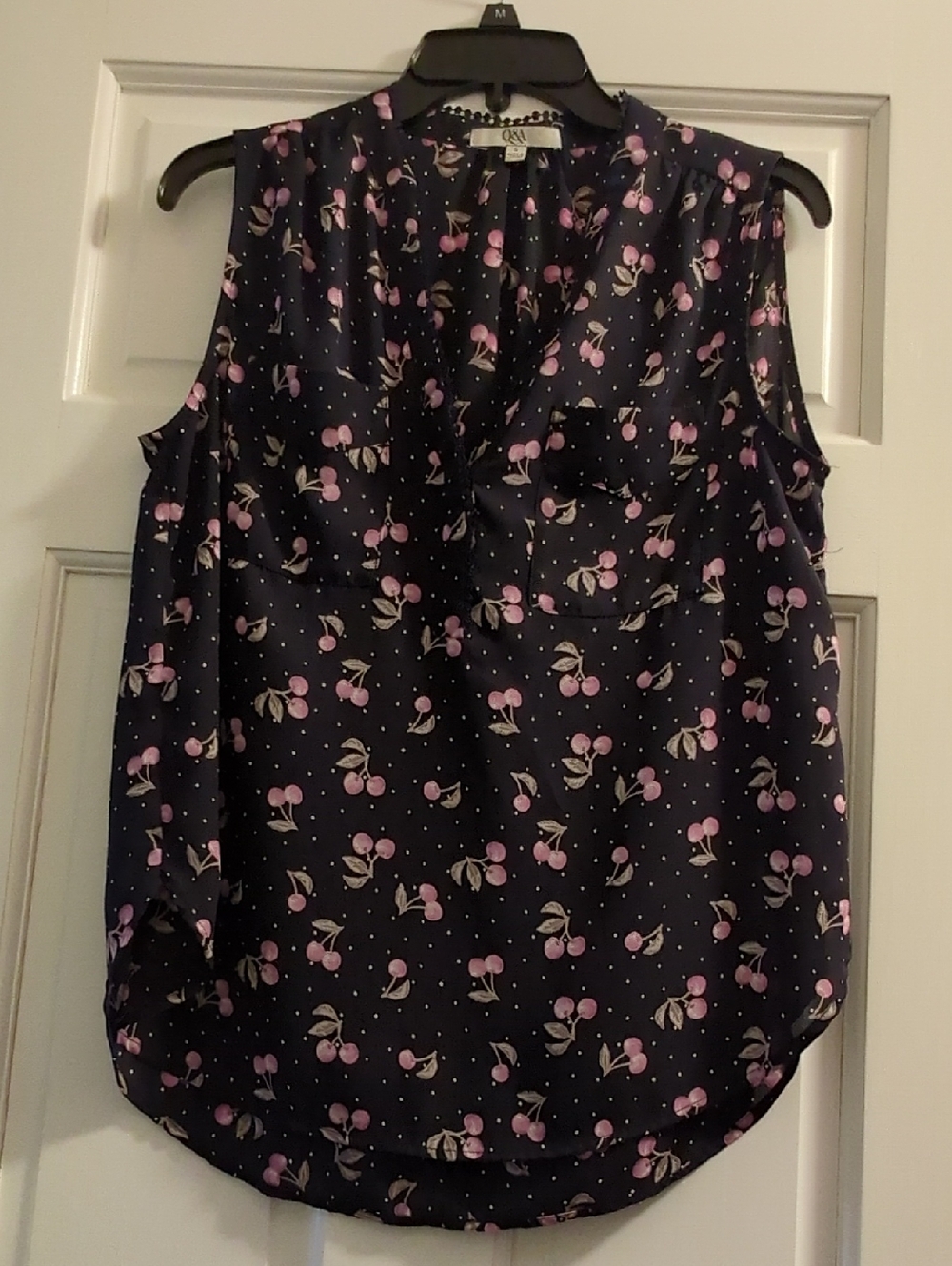 Q&A Sleeveless Navy Cherry Print Blouse